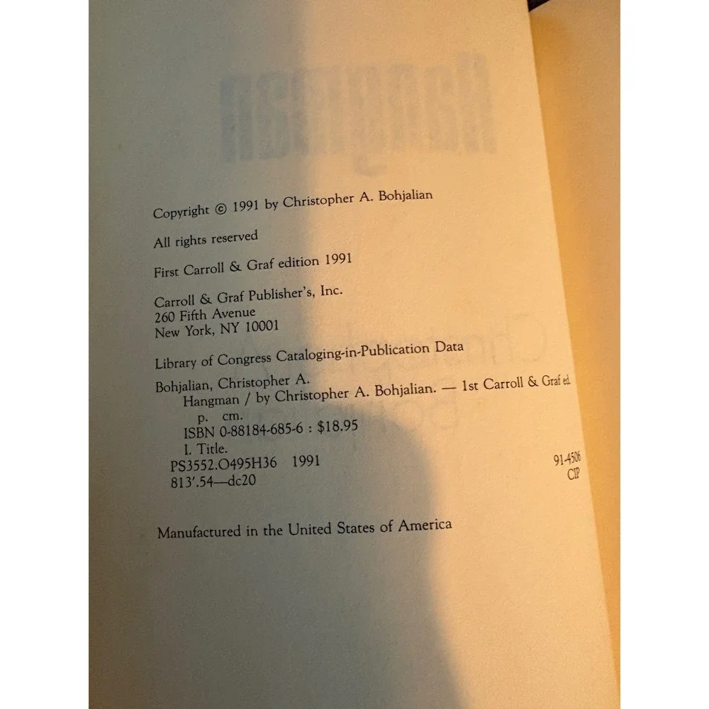Hangman‎ A Novel by Christopher A Bohjalian 1991 First Edition Hardcover